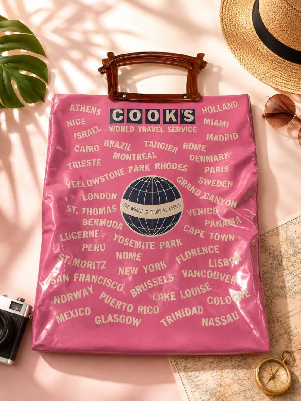 Vintage Cook’s World Travel Service Pink Vinyl Tote Bag Lucite Handles Retro Bag